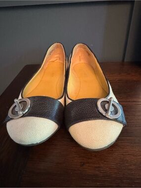 Nine West Cream Canvas and Black Leather Ballet Flats